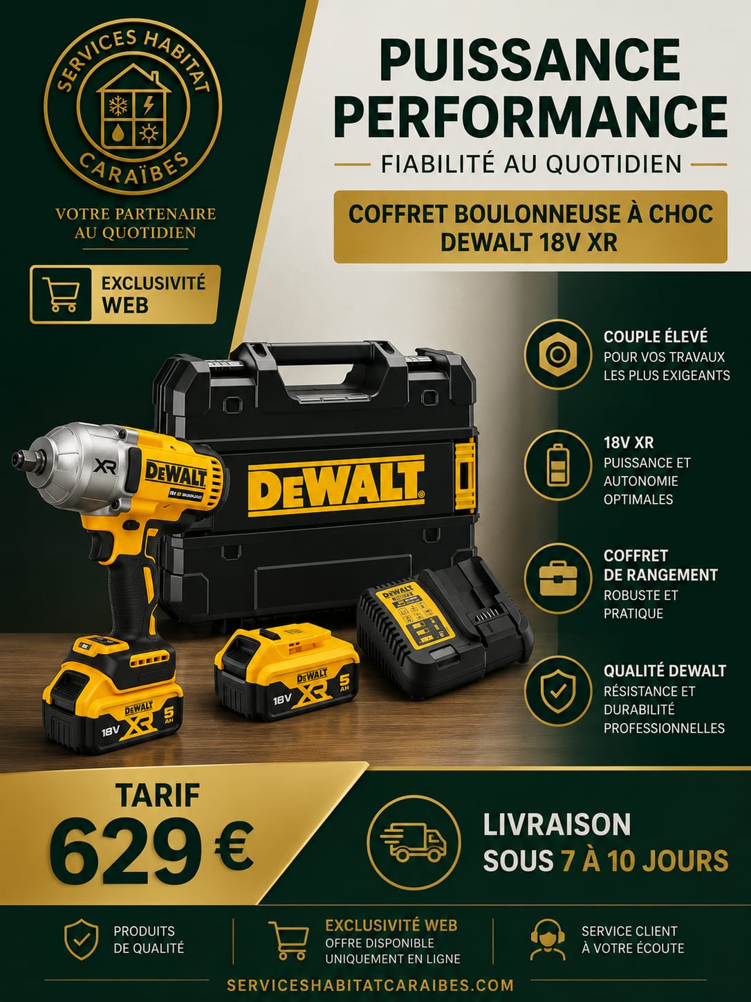 Boulonneuse à chocs ½” 1396 Nm 18V DEWALT DCF900P2T-QW avec coffret et 2 batteries 5,0 Ah