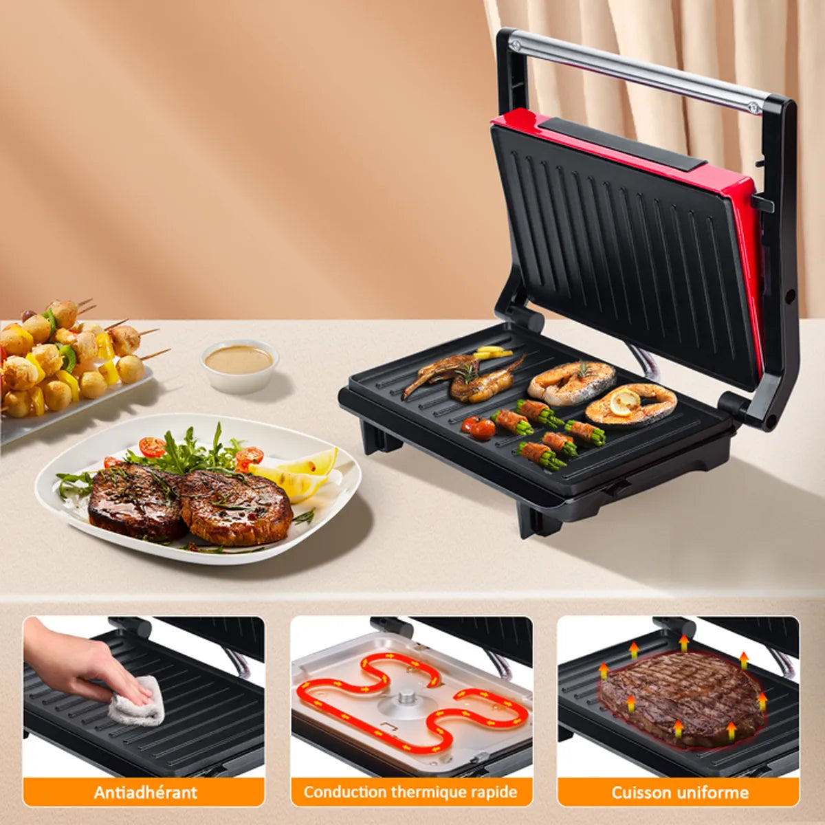 Aigostar Warme - Grill, plancha, presse à paninis, appareil à sandwichs 0% BPA, 700W. Antiadhérant. Design exclusif.