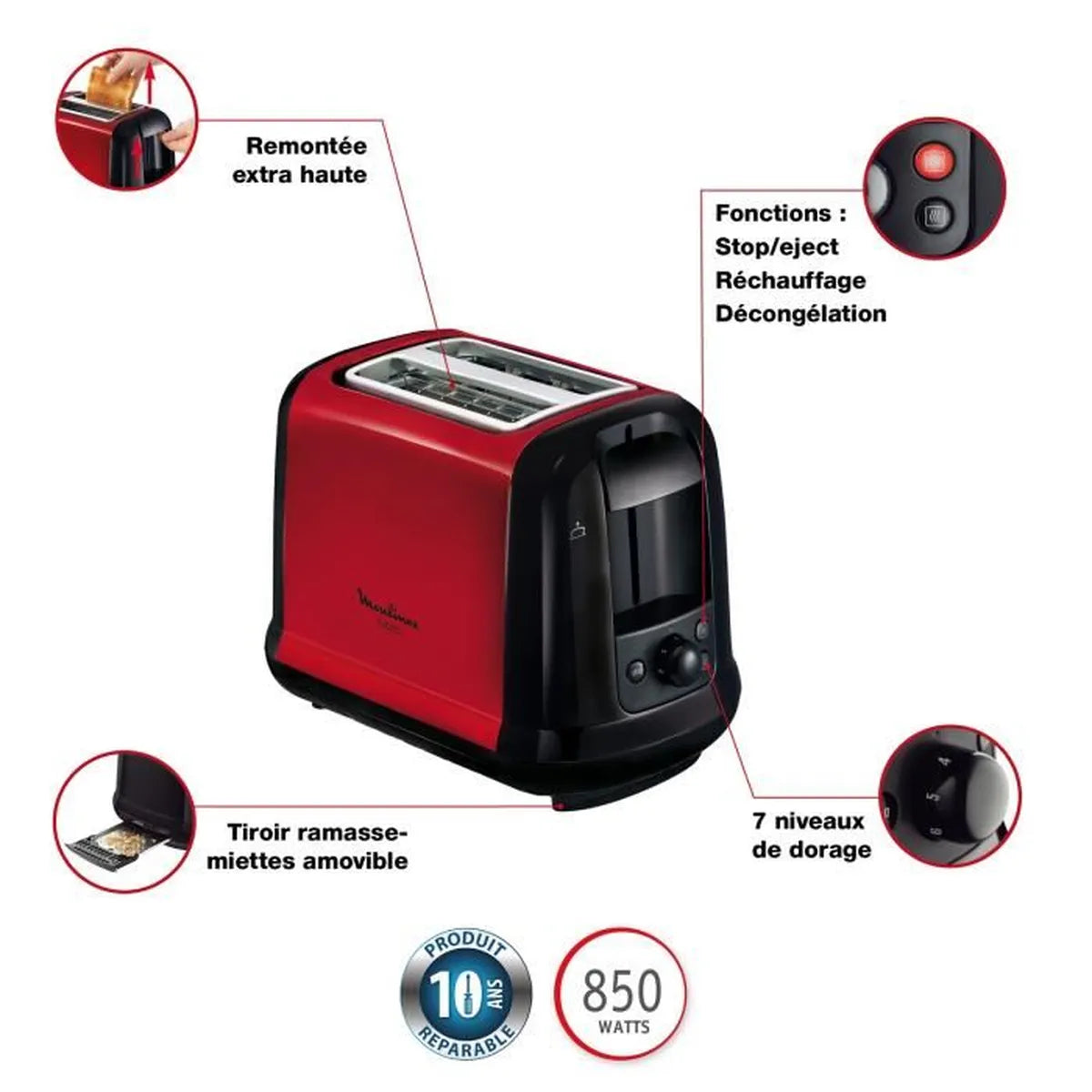 Grille-pain MOULINEX Subito LT260D11 - 2 fentes - Rouge - Thermostat 7 positions