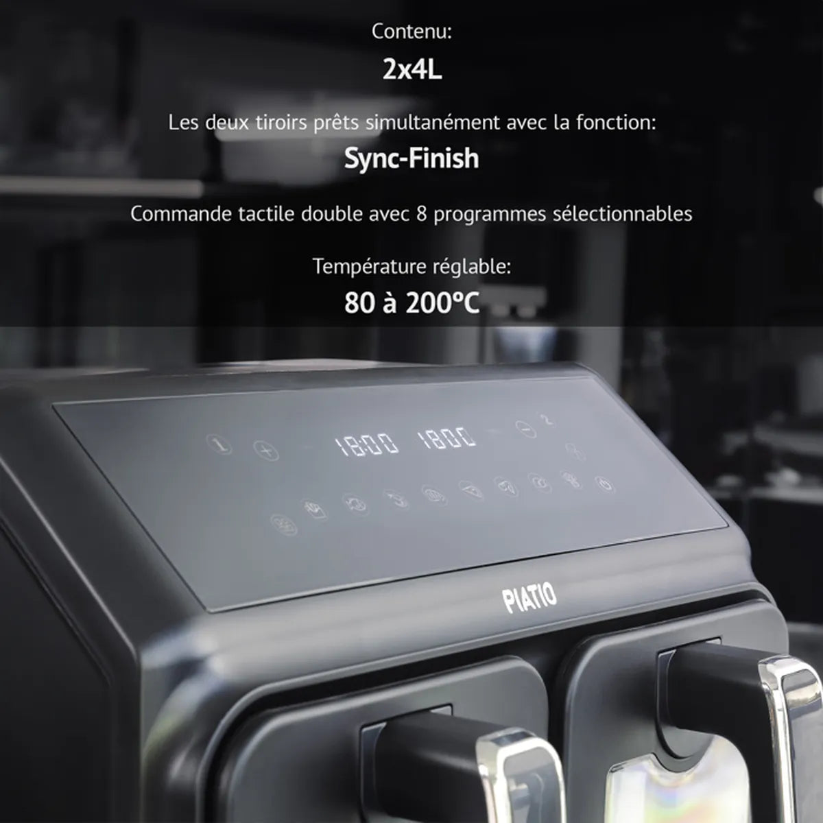 Piatio Airfryer - Airfryers - Friteuse à air chaud - Deux compartiments de cuisson - 8 Litres - 2200 Watt - Technologie Dual Zo