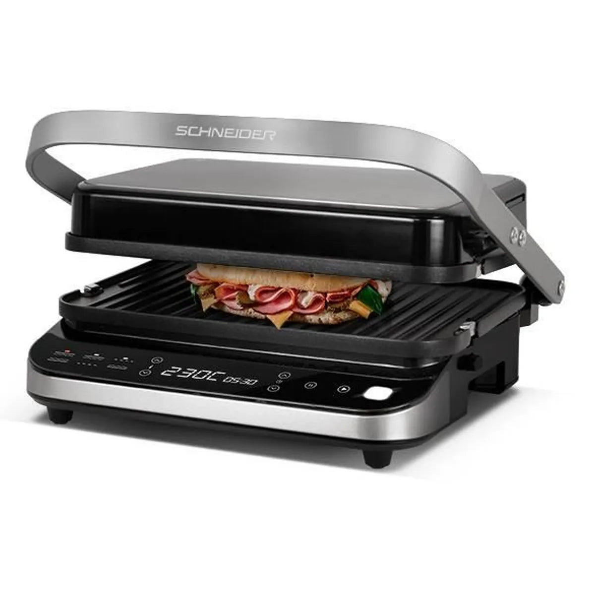 SCHNEIDER - SCGR2000X - Grill viandes 3 en 1 - Double thermostat - Minuterie 60min - Bac récupérateur graisses - Inox