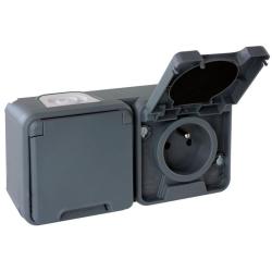 EURO'OHM OXXO Double prise électrique étanche horizontale 2P+T gris IP55