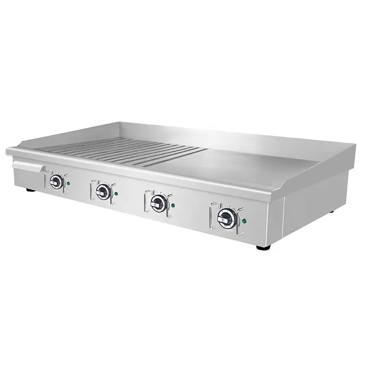 Grill barbecue électrique, grand format, usage Commercial, demi-plat, rainuré