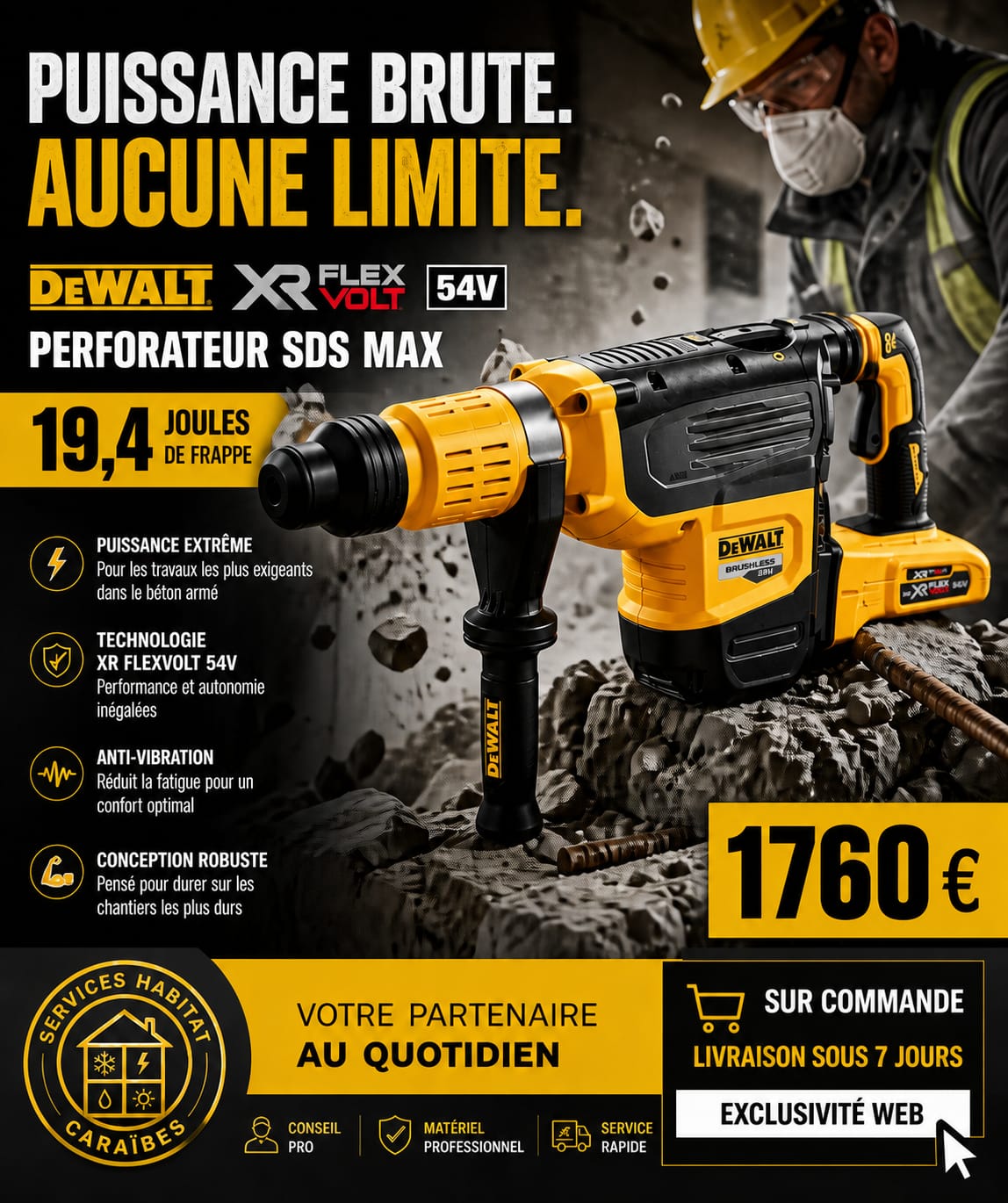 Perforateur SDS-Max XR Flexvolt 54V DEWALT 19,4J