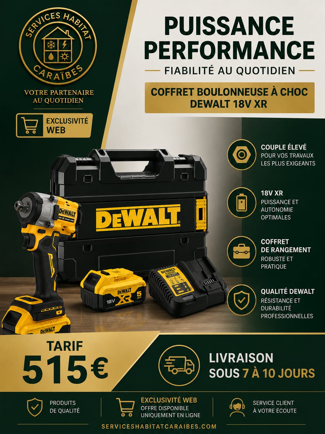 Boulonneuse à chocs compacte ½'' 406Nm 18V DEWALT DCF922P2T-QW avec coffret et 2 batteries 5,0 Ah