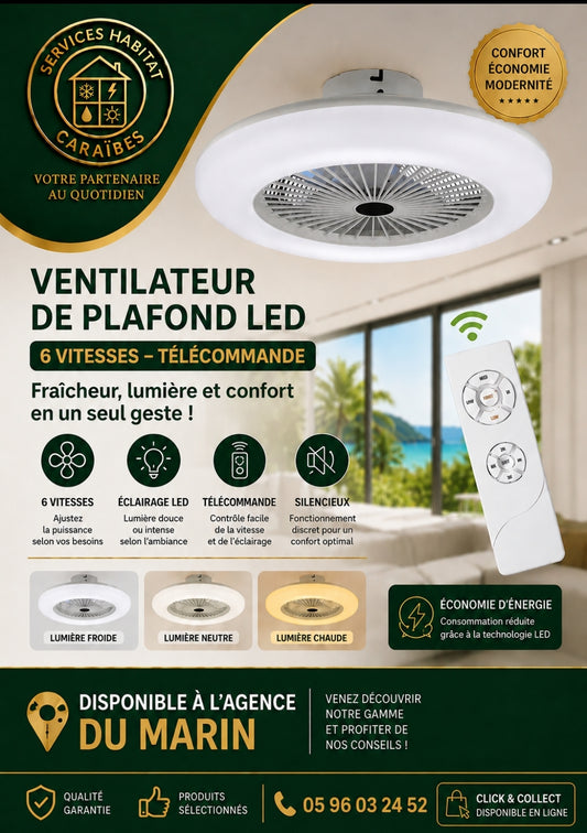Ventilateur de Plafond Fermé avec Lumière 46cm LED 60W - Télécommande - Moteur DC Silencieux - Blanc