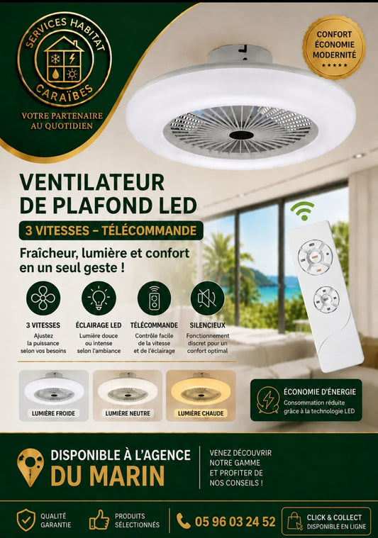 Ventilateur de Plafond Fermé avec Lumière 46cm LED 60W - Télécommande - Moteur DC Silencieux - Blanc