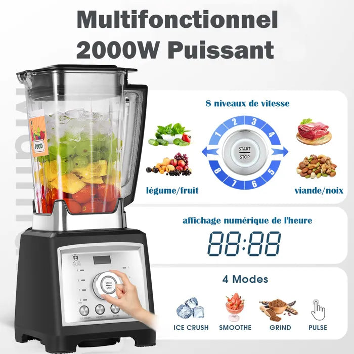 Blender Smoothie 2000W Professionnel 2L Mixeur Puissant 8 Vitesses + Pulse et 4 Prédéfinis avec 8 Lames en 304 Acier Inoxydable