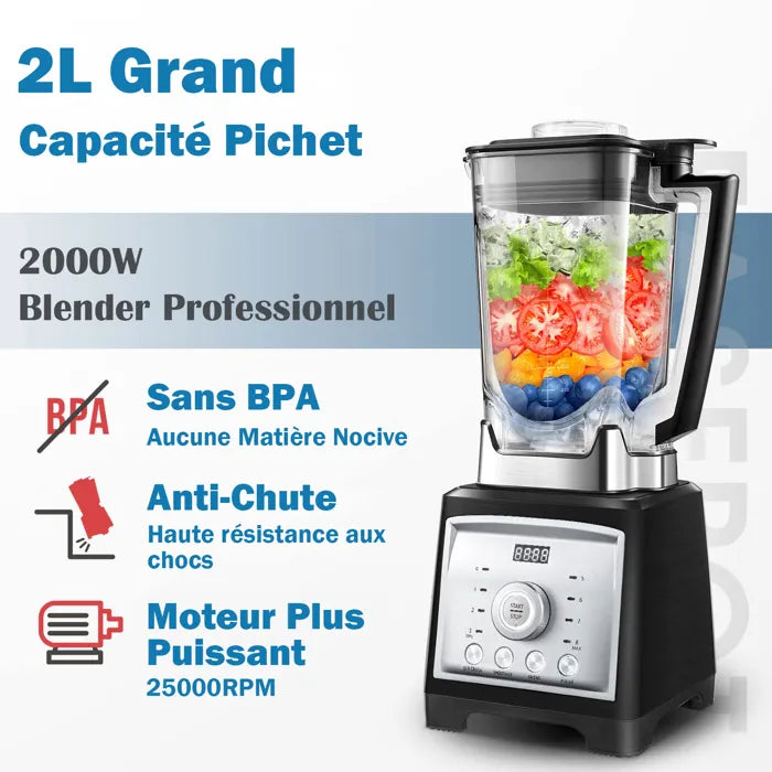 Blender Smoothie 2000W Professionnel 2L Mixeur Puissant 8 Vitesses + Pulse et 4 Prédéfinis avec 8 Lames en 304 Acier Inoxydable