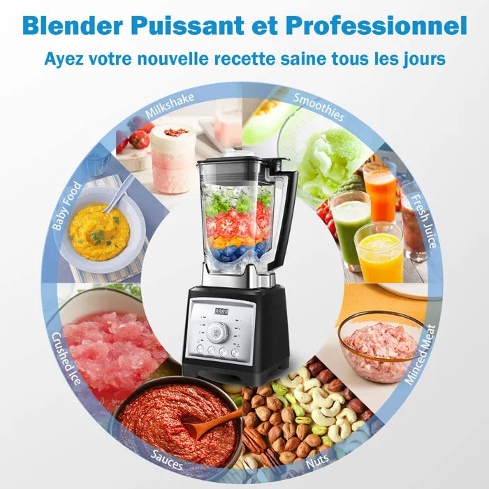 Blender Smoothie 2000W Professionnel 2L Mixeur Puissant 8 Vitesses + Pulse et 4 Prédéfinis avec 8 Lames en 304 Acier Inoxydable