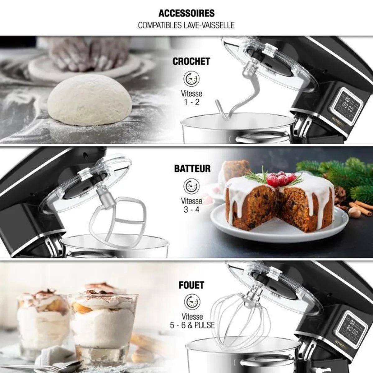 HYUNDAI - Robot pâtissier multifonctions - 1400W - Bol inox 5.5L - 6 vitesses + fonction pulse