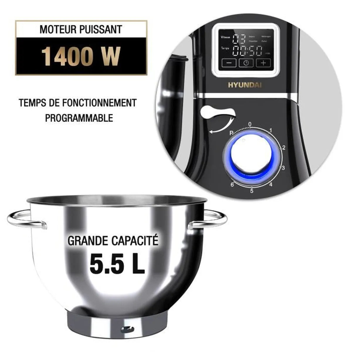 HYUNDAI - Robot pâtissier multifonctions - 1400W - Bol inox 5.5L - 6 vitesses + fonction pulse