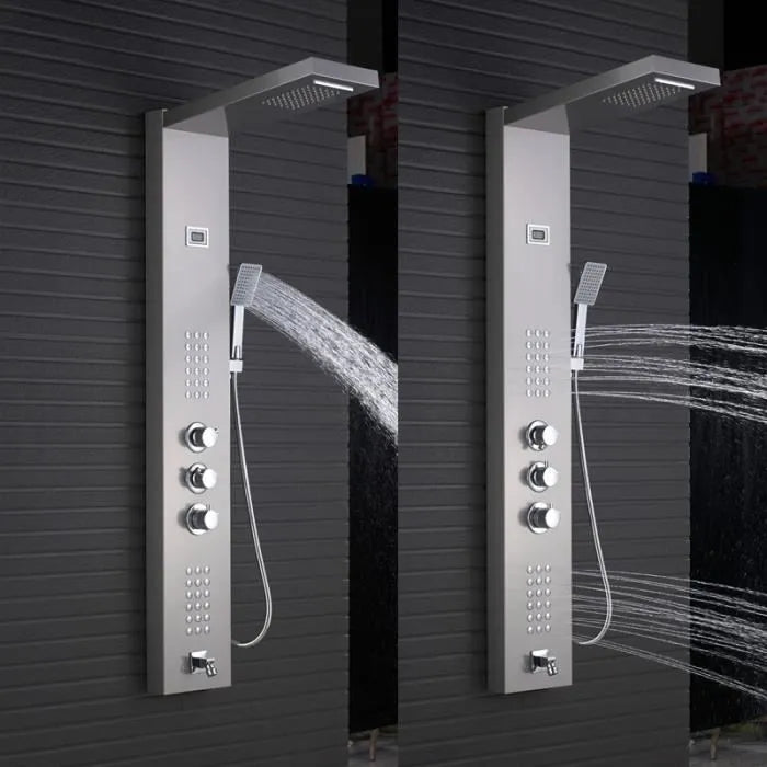 JULLYBATHEVY Panneau de Douche Thermostatique - en Acier Inoxydable - avec Douchette - Massage et Buses de Massage - Nickel Brossé