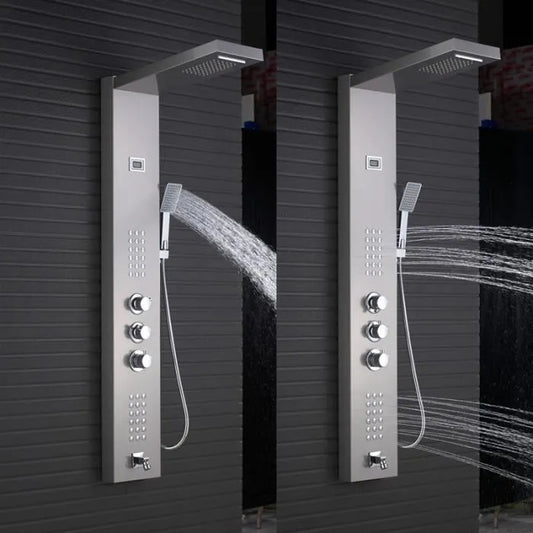 JULLYBATHEVY Panneau de Douche Thermostatique - en Acier Inoxydable - avec Douchette - Massage et Buses de Massage - Nickel Brossé