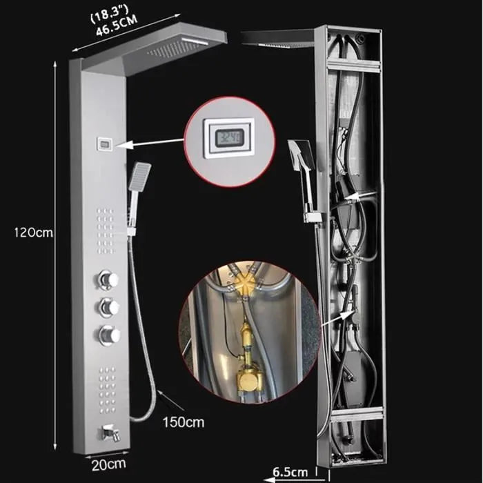 JULLYBATHEVY Panneau de Douche Thermostatique - en Acier Inoxydable - avec Douchette - Massage et Buses de Massage - Nickel Brossé
