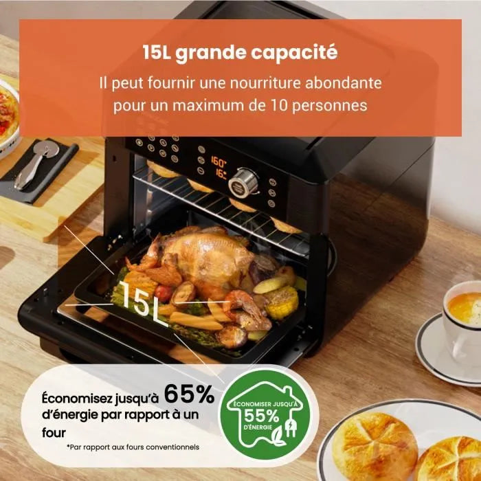 Four sans huile 15L, Écran LED Tactile, 12 Programmes Predefinis, Acier Inoxydable, Fenêtre Visible