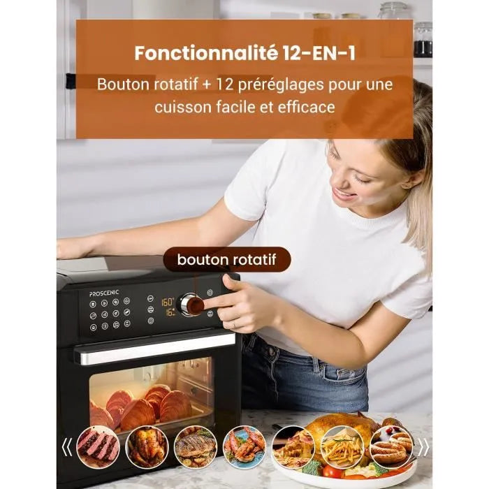 Four sans huile 15L, Écran LED Tactile, 12 Programmes Predefinis, Acier Inoxydable, Fenêtre Visible