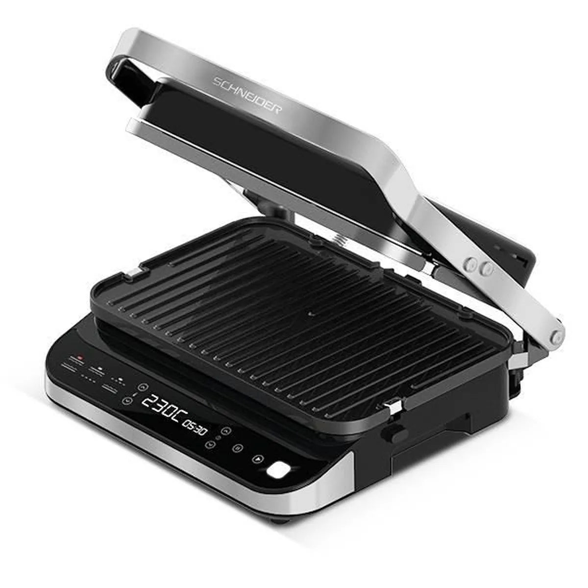 SCHNEIDER - SCGR2000X - Grill viandes 3 en 1 - Double thermostat - Minuterie 60min - Bac récupérateur graisses - Inox