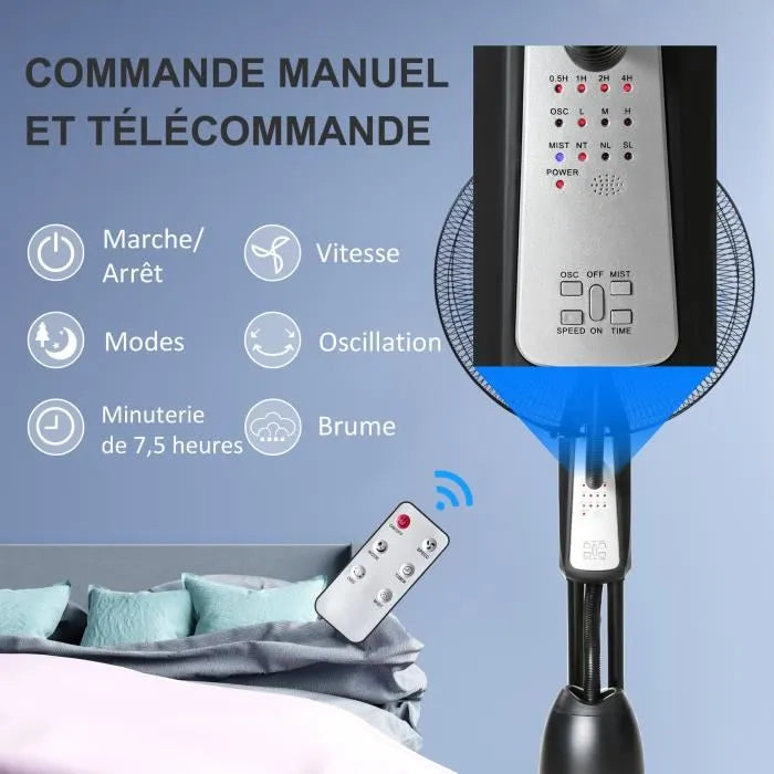 Ventilateur brumisateur sur roulettes - oscillant, inclinable silencieux 90 W avec télécommande - 3 modes 3 vitesses - gris noir